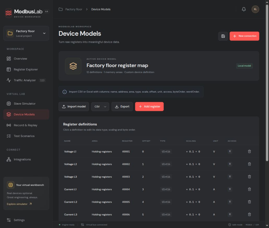 Device Models page with import and export controls and a register definition table
