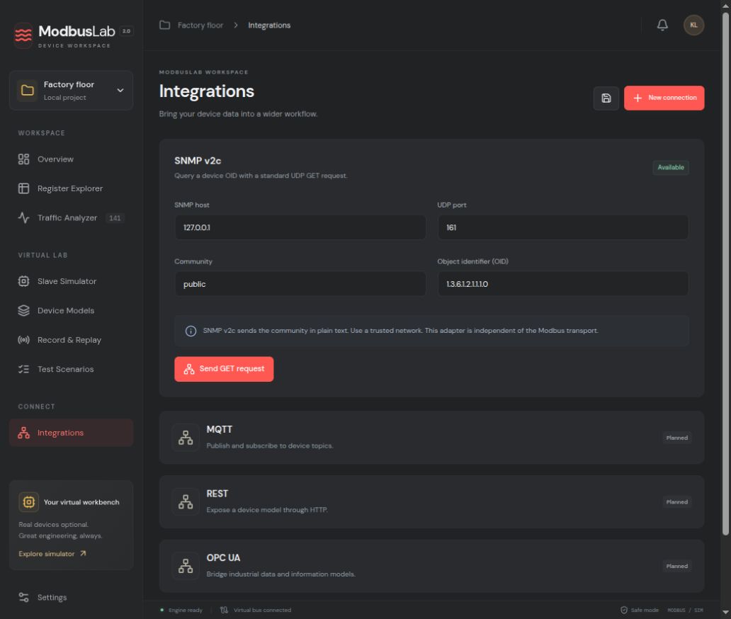 Integrations screen with the available SNMP v2c GET adapter and planned protocol adapters