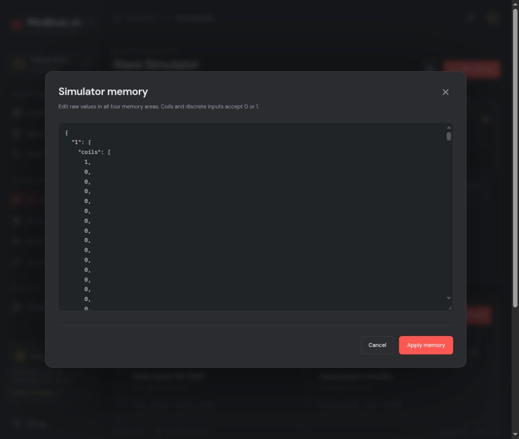 Simulator memory JSON editor with cancel and apply buttons
