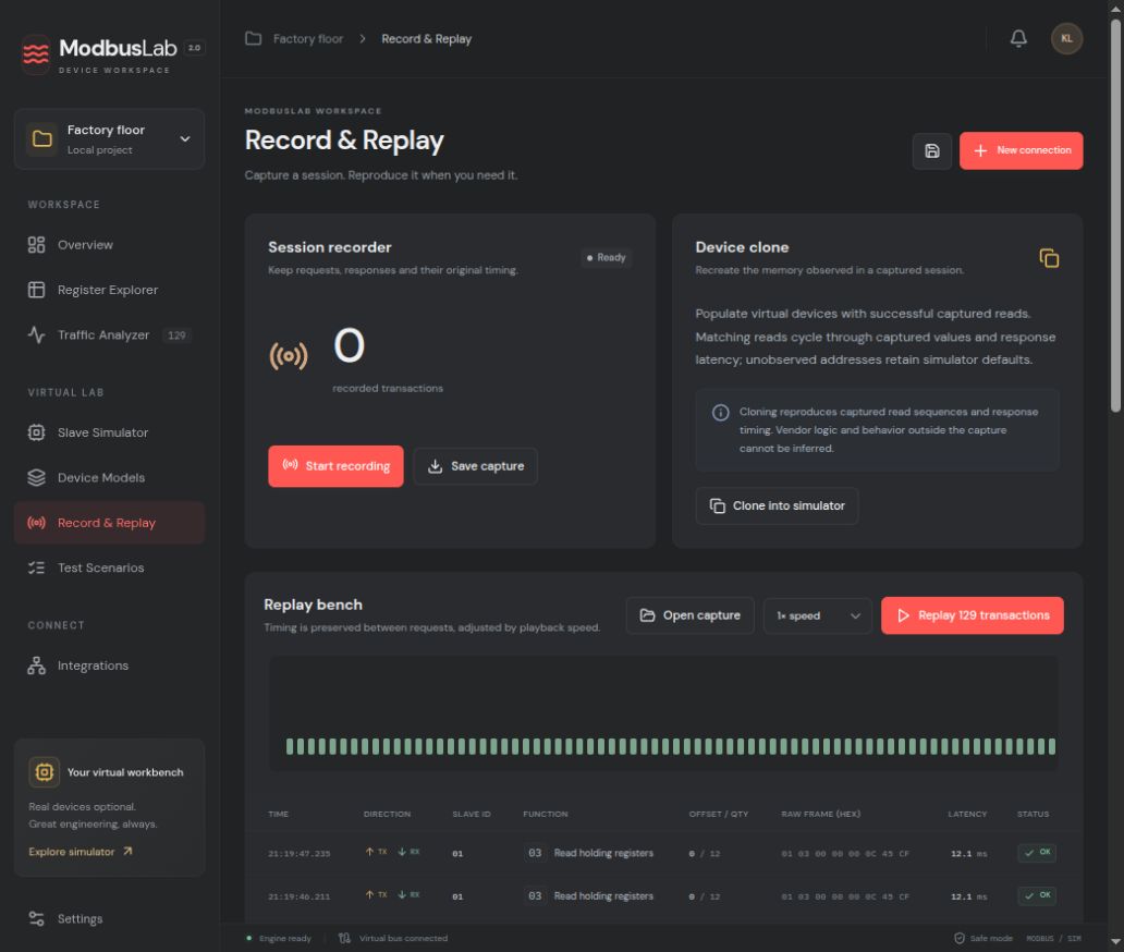 Record and Replay screen with recording controls, Device Clone and playback timeline