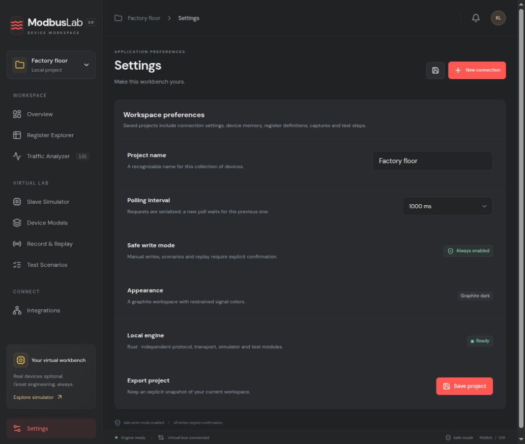 ModbusLab settings with polling interval, safe writes and local Rust engine status