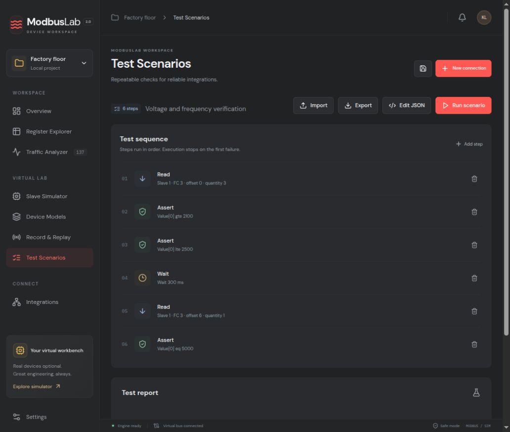 Test Scenarios screen showing a six-step verification scenario and run controls